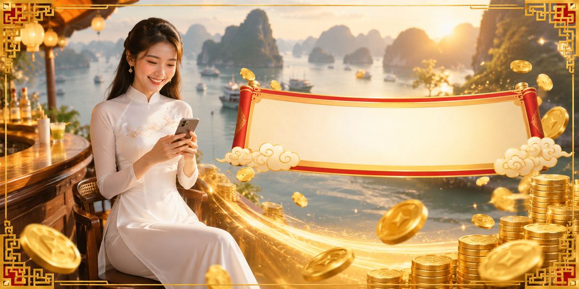 Người phụ nữ mặc áo dài chơi casino trên điện thoại tại vịnh Hạ Long