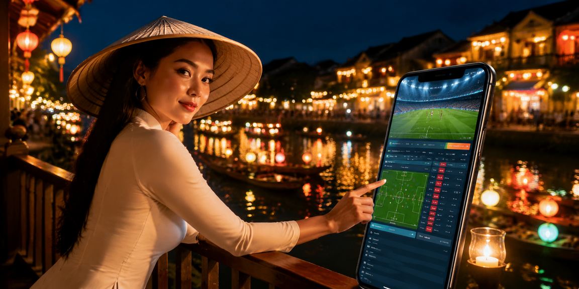 Người dùng trải nghiệm casino trên điện thoại di động dưới ánh đèn lung linh tại Hội An