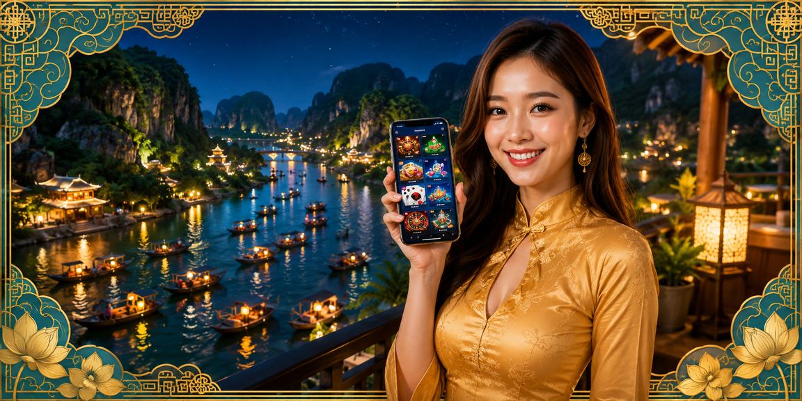 Người dùng Ninh Bình sử dụng ứng dụng casino trên điện thoại giữa khung cảnh núi non hùng vĩ