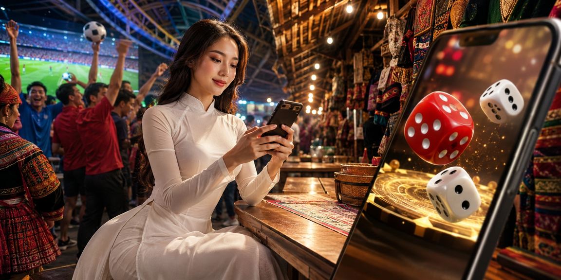 Cô gái áo dài người dân tộc tại Sapa tham gia chơi Tài Xỉu với xúc xắc truyền thống